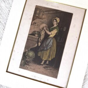 Antique French Engraving Print "La Laitière" "Un Intérieur" Kitchen Scene 1880